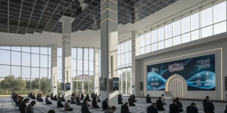 A modern mosque with advanced technology, symbolizing the transformation of Muslim communities in embracing modernity and progress. The mosque features a sleek design with large glass windows, a minim
