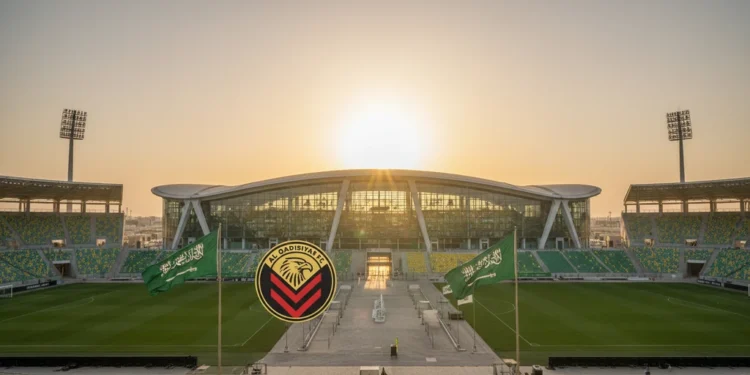Al Qadisiyah's grand stadium with its modern architecture, surrounded by green fields and stands, under a warm golden sunset, adorned with the Saudi Arabian flag and the club's emblem, symbolizing the