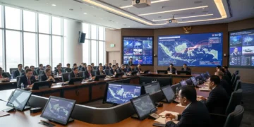 A modern conference hall with diplomats and officials from Indonesia and seven other nations discussing strategies to combat cross-border terrorism and cyber threats. The hall is equipped with advance