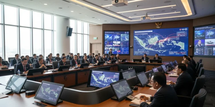 RI dan 7 Negara Diskusikan Strategi Penanggulangan Terorisme dan Kejahatan Siber A modern conference hall with diplomats and officials from Indonesia and seven other nations discussing strategies to combat cross-border terrorism and cyber threats. The hall is equipped with advance