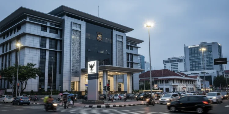 3 Pria Makassar Ditangkap Promosi Judi Online, Raup Rp 1,3 Miliar Tiga pria di Makassar ditangkap karena promosi judi online yang menghasilkan laba sebesar Rp 1,3 Miliar. Latar belakang berupa bangunan Polres Makassar dengan desain modern dan cahaya lampu jalan yang