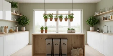 Sebuah dapur modern dengan lemari dapur putih mewah dan pulau dapur besar, lengkap dengan berbagai alat rumah tangga ramah lingkungan seperti tempat kompost dan stasiun pengumpulan sampah. Ruangan ini