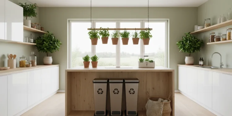 Panduan Memulai Gaya Hidup Zero Waste dari Dapur Sebuah dapur modern dengan lemari dapur putih mewah dan pulau dapur besar, lengkap dengan berbagai alat rumah tangga ramah lingkungan seperti tempat kompost dan stasiun pengumpulan sampah. Ruangan ini