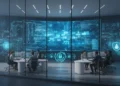 A modern cybersecurity center with a glass façade and digital screen displaying security protocols. The interior is well-lit with a team of cybersecurity experts working diligently, symbolizing protec