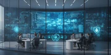A modern cybersecurity center with a glass façade and digital screen displaying security protocols. The interior is well-lit with a team of cybersecurity experts working diligently, symbolizing protec