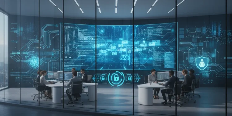 A modern cybersecurity center with a glass façade and digital screen displaying security protocols. The interior is well-lit with a team of cybersecurity experts working diligently, symbolizing protec