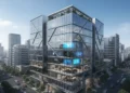 PLN Icon Plus headquarters, a modern glass building in a business district, symbolizing efficiency and innovation in operational effectiveness.