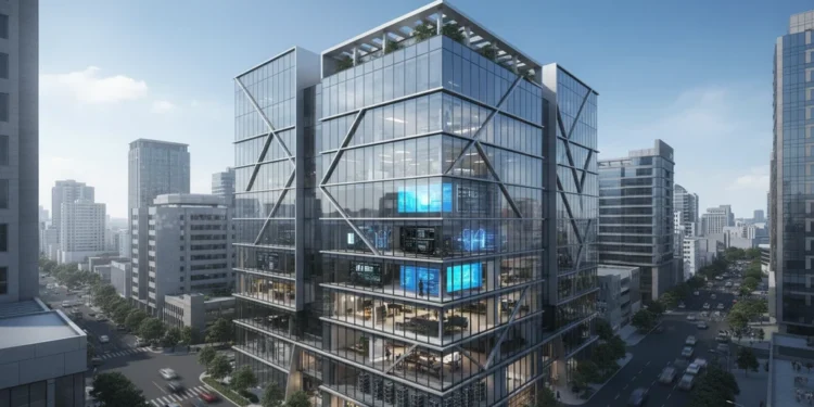 PLN Icon Plus Perkuat New AP2T Wave 5 untuk Efisiensi Operasional PLN Icon Plus headquarters, a modern glass building in a business district, symbolizing efficiency and innovation in operational effectiveness.