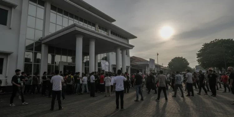 Warga Geruduk Mapolsek Makassar Protes Penggerebekan Tawuran Sebuah adegan protes di luar Mapolsek Makassar dengan warga yang berkumpul di depan pintu masuk. Bangunan polisi modern dengan dinding putih dan jendela besar yang menangkap cahaya sore. Pintu masuk d