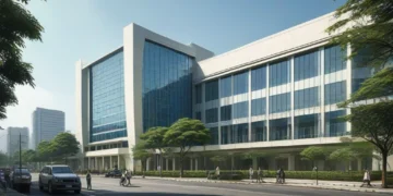 Gedung Pemprov DKI dengan fasad kaca modern dan emblema resmi di depannya. Langit biru cerah dengan angin ringan membawa suasana yang menyenangkan untuk Jakarta Grand Festival (JRF) dan konser Ye. Ban