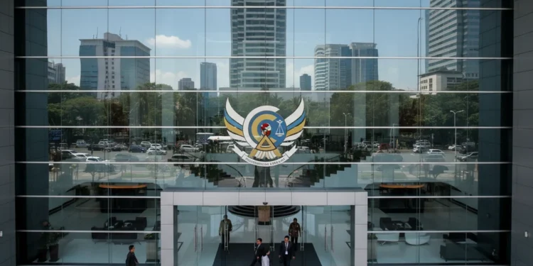 Kemenkumham Tetapkan 8 Prioritas HAM Nasional, Dilaporkan ke Presiden The Ministry of Law and Human Rights building in Jakarta, with its glass facade and emblem, symbolizing the institution's role in human rights. The interior is bright and open, reflecting the professi
