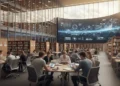 Sebuah gedung perpustakaan modern dengan rak buku dan layar digital berjejer. Bangunan utama memiliki dinding kaca dan desain minimalis. Interior terlihat cerah dan terbuka, dengan cahaya alami yang m