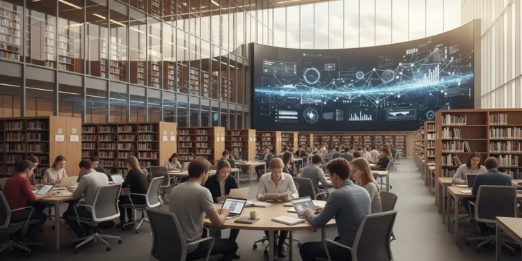 Mengapa Literasi Kritis Sangat Penting untuk Generasi Muda di Era Digital Sebuah gedung perpustakaan modern dengan rak buku dan layar digital berjejer. Bangunan utama memiliki dinding kaca dan desain minimalis. Interior terlihat cerah dan terbuka, dengan cahaya alami yang m