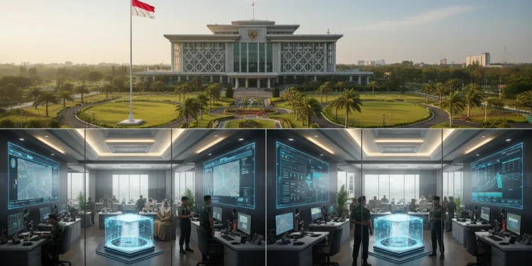 The image shows the modern headquarters of the Indonesian Armed Forces (TNI) in Jakarta, with the Indonesian national flag flying proudly. The building is surrounded by greenery and well-maintained pa