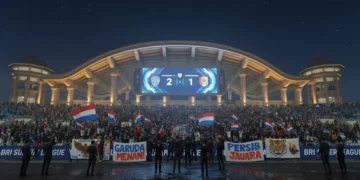 Lanskap luar stadion BRI Super League yang modern dengan papan skor besar dan penonton yang penuh semangat. Stadion terang dengan cahaya lampu, menciptakan atmosfer yang penuh kegembiraan. Stadion ini
