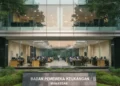 The main building of Badan Pemeriksa Keuangan (Bapas) in Makassar is shown with a sleek glass facade and a modern interior, indicating the implementation of flexible work policies while maintaining es