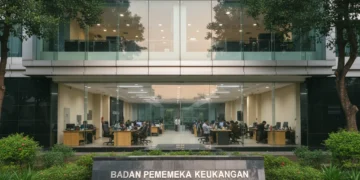 The main building of Badan Pemeriksa Keuangan (Bapas) in Makassar is shown with a sleek glass facade and a modern interior, indicating the implementation of flexible work policies while maintaining es