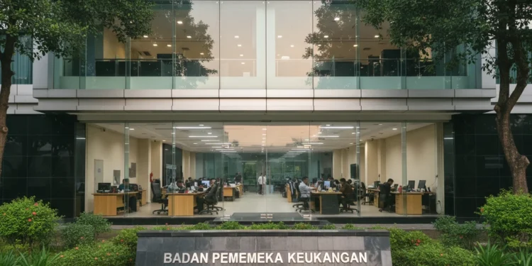The main building of Badan Pemeriksa Keuangan (Bapas) in Makassar is shown with a sleek glass facade and a modern interior, indicating the implementation of flexible work policies while maintaining es