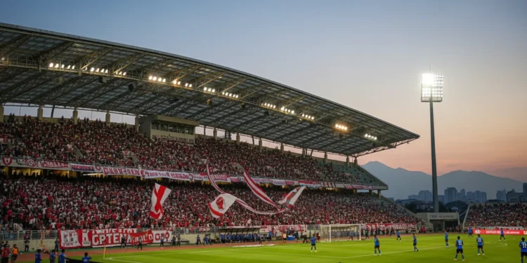 Gelora Bung Karno Stadium is filled with enthusiastic Persib fans in red and white, preparing for a match against Madura United. The modern stadium structure with its curved roof and the bustling crow