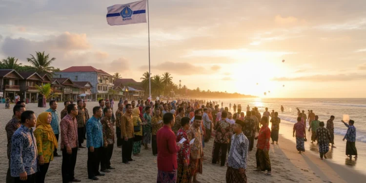 A large crowd of KAHMI alumni and HMI members celebrating the 60th anniversary of KAHMI at Pantai Bosowa in Makassar. The scene features the KAHMI flag and the setting sun, with traditional Indonesian