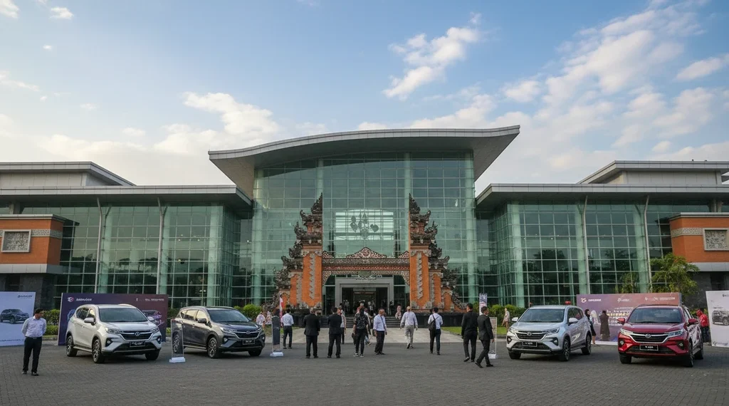 A vibrant scene at the entrance of the Bali International Convention Center, showcasing Daihatsu vehicles and the excitement of the Kumpul Otomotif event in Pulau Dewata.