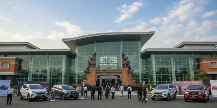 Komunitas Daihatsu Ramaikan Pulau Dewata pada Ajang Kumpul Otomotif A vibrant scene at the entrance of the Bali International Convention Center, showcasing Daihatsu vehicles and the excitement of the Kumpul Otomotif event in Pulau Dewata.