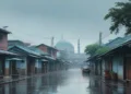 12 daerah di Sulsel mengalami hujan ringan, termasuk Makassar. Latar belakang menggambarkan Torii Gate dari Ujung Pandang Mosque dengan hujan lembut yang turun, menciptakan suasana yang tenang dan ala