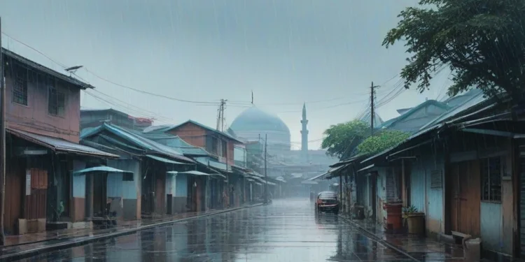 12 Daerah di Sulsel Hujan Ringan, Termasuk Makassar 12 daerah di Sulsel mengalami hujan ringan, termasuk Makassar. Latar belakang menggambarkan Torii Gate dari Ujung Pandang Mosque dengan hujan lembut yang turun, menciptakan suasana yang tenang dan ala