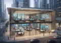 The image shows the Badr Initiative headquarters, a modern building with a glass facade and metallic structure in a busy urban area. Inside, the office spaces are equipped with advanced technology, sy
