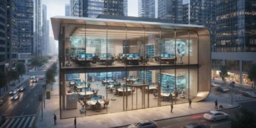 The image shows the Badr Initiative headquarters, a modern building with a glass facade and metallic structure in a busy urban area. Inside, the office spaces are equipped with advanced technology, sy