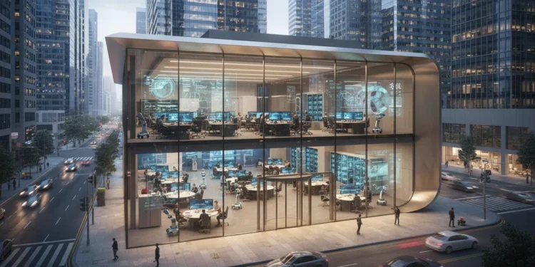 The image shows the Badr Initiative headquarters, a modern building with a glass facade and metallic structure in a busy urban area. Inside, the office spaces are equipped with advanced technology, sy