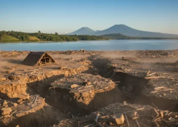 A dramatic landscape view contrasting the aftermath of a magnitude 6.9 earthquake in Vanuatu with the calm and stable landscape of Indonesia, highlighting the seismic activity in Vanuatu and the relative stability in Indonesia.