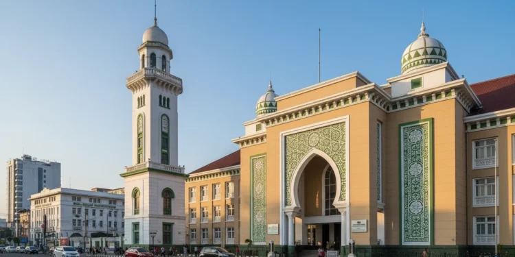 The image depicts the Makassar City Hall, a modern building with intricate Islamic architectural elements, warm beige and green accents, and a clear sky with soft sunlight. The scene captures the city