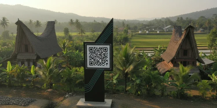 Digitalisasi Desa: QR Code Profil Desa di Desa Sumber Pasir Desa Sumber Pasir is depicted with a QR code signboard at the entrance, integrating modern technology with traditional rural architecture. The scene showcases a harmonious blend of old and new, symbol