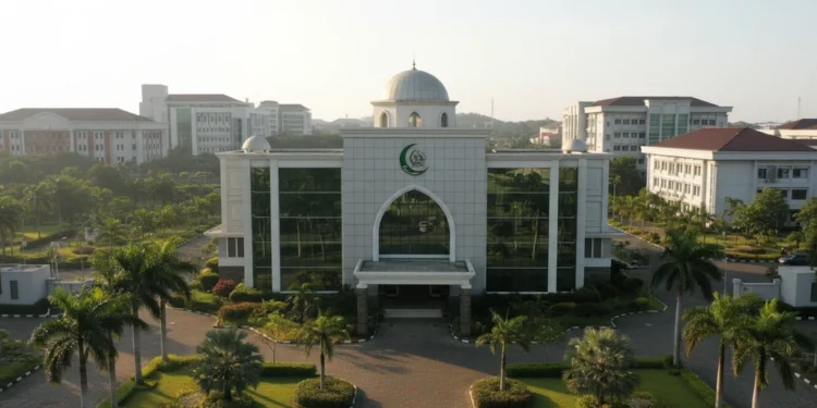 A grand entrance of the University of Muhammadiyah Makassar main campus with a modern blend of traditional and contemporary architectural elements, featuring a large glass window and a prominent dome.