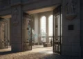 A grand entrance of the National Police Headquarters with its imposing gates and intricate ironwork, illuminated by soft morning light. Inside, the atrium is bathed in natural light through large glas