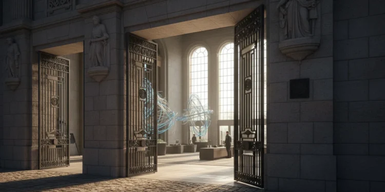 Kebijakan Kriminal Hadapi Manipulasi Audio AI A grand entrance of the National Police Headquarters with its imposing gates and intricate ironwork, illuminated by soft morning light. Inside, the atrium is bathed in natural light through large glas