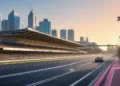 Albert Park Circuit in Melbourne, Australia, with grandstands, pit lane, and the Melbourne Grand Prix Circuit sign under a golden sunset, city skyline and Yarra River in the background.