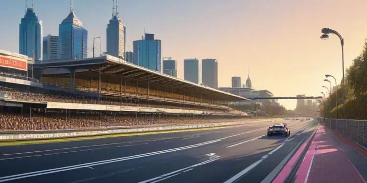 Marc Marquez Dominasi Sprint Race MotoGP Australia 2026 Albert Park Circuit in Melbourne, Australia, with grandstands, pit lane, and the Melbourne Grand Prix Circuit sign under a golden sunset, city skyline and Yarra River in the background.