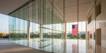 The image depicts the FCC headquarters in Washington D.C., a modern glass building with a spacious lobby and high ceilings, symbolizing the regulatory body's authority over technology. The American fl
