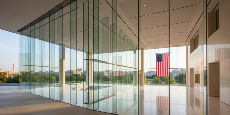 The image depicts the FCC headquarters in Washington D.C., a modern glass building with a spacious lobby and high ceilings, symbolizing the regulatory body's authority over technology. The American fl