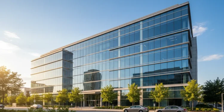 A modern Microsoft building with a large glass facade and a prominent logo, set against a clear sky with bright sunlight. The surroundings include greenery and urban elements, reflecting a professiona