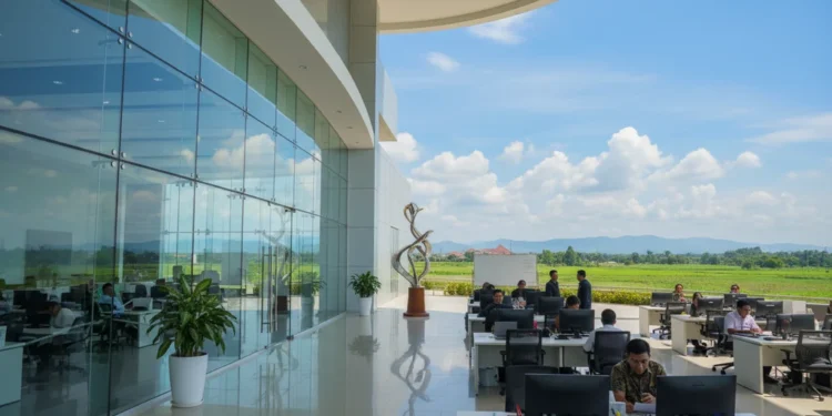 The image depicts the South Sulawesi Provincial Government Office with its modern glass façade and well-organized interior, symbolizing the province's readiness to become a central hub for food produc