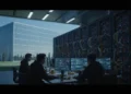 Keamanan Data: Pilar Utama dalam Ekosistem Teknologi Modern A depiction of a modern data center with a glass facade and dimly lit server room, symbolizing the cyber attack on 1,200 websites. The scene highlights the technical and intense nature of the operatio