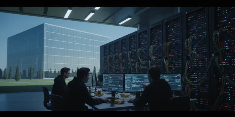 AI Digunakan Hacker Serang 1.200 Website, 100 Berhasil Dibobol dalam Hitungan Jam A depiction of a modern data center with a glass facade and dimly lit server room, symbolizing the cyber attack on 1,200 websites. The scene highlights the technical and intense nature of the operatio