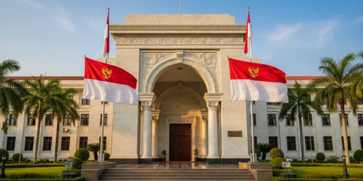 Widodo AS, Panglima TNI Pertama RI dari Angkatan Laut Berpulang A grand entrance of the Indonesian Defense Ministry with intricate marble pillars and a fluttering national flag, symbolizing the legacy of MA. Untung Widodo AS, the first Chief of the Indonesian Arme
