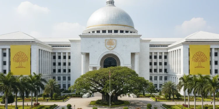 Ketua Golkar Sulsel IAS Target Peningkatan Kursi Legislatif 50% A grand legislative building in South Sulawesi, symbolizing the Golkar Party. The building features a prominent dome, a golden shield emblem, and a well-maintained green landscape, representing the pa