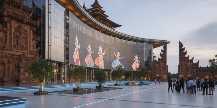 A grand venue for Gandrung Sewu 2026, featuring a modernist building with glass facades and metallic accents, surrounded by traditional Javanese architectural elements and digital screens. The interio
