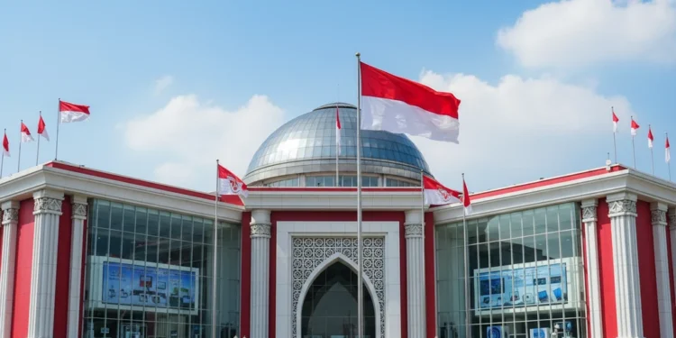 PDIP Gelar Peringatan 100 Tahun Sumpah Pemuda, Ajak Kuasai Teknologi The image shows the grand entrance of the PDIP headquarters with a red and white flag, modern architecture, and a bright interior filled with technology-themed exhibits, symbolizing PDIP's commitment