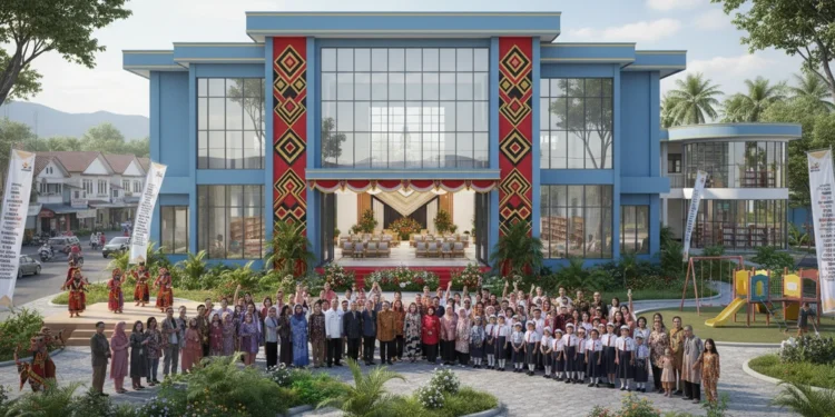 Sekolah Rakyat Makassar Bakal Diresmikan, Hadirkan Harapan Baru The Makassar People's School is a modern educational facility with a large entrance hall featuring traditional Makassar motifs. The building is painted in a soothing blue, with large windows allowing